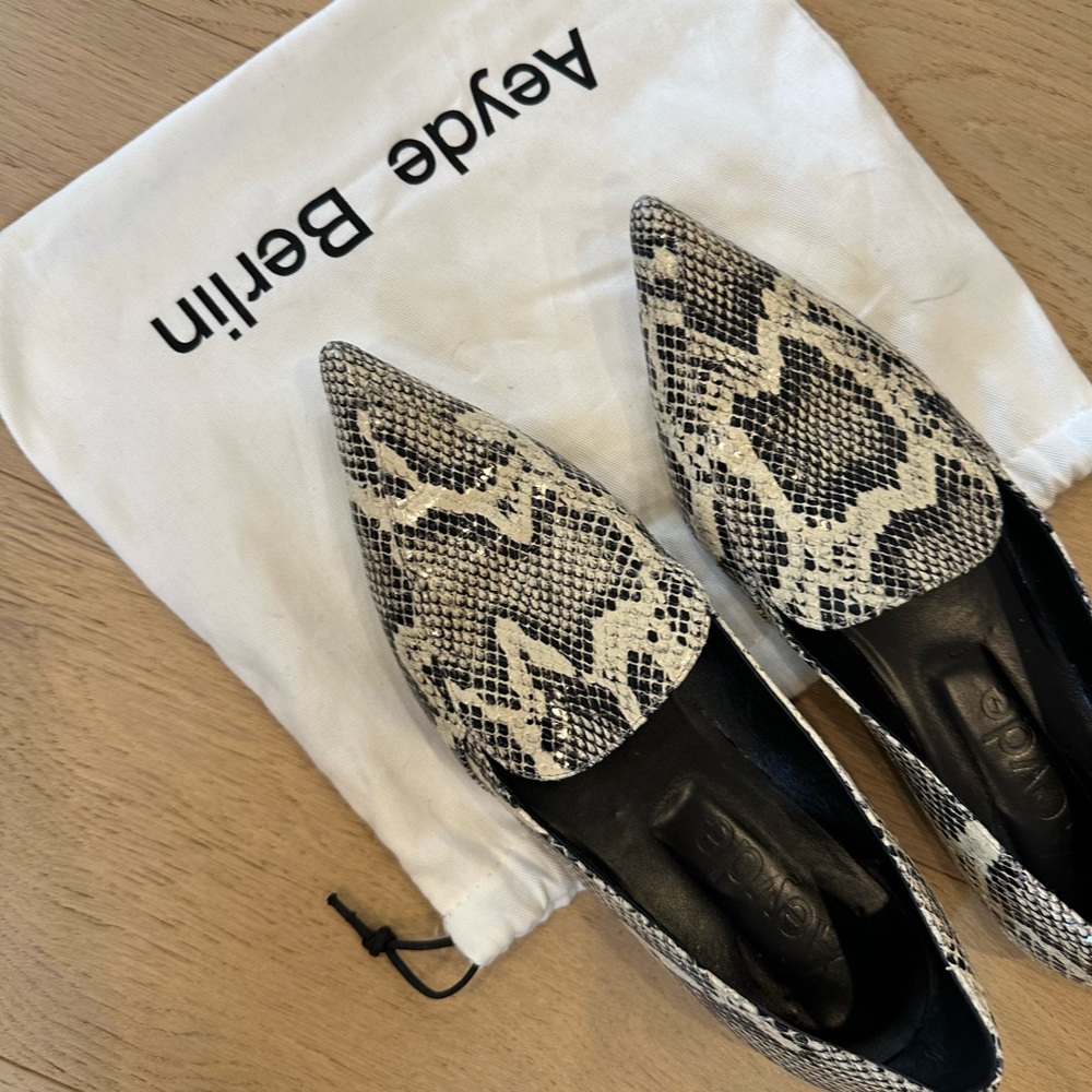 Aeyde Black and Cream Snakeskin Flats